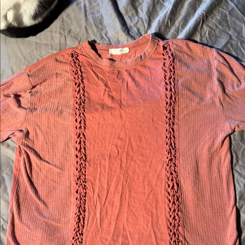 Gilded Intent Rose Pink Short Sleeve Knit Top with Braided Trim
